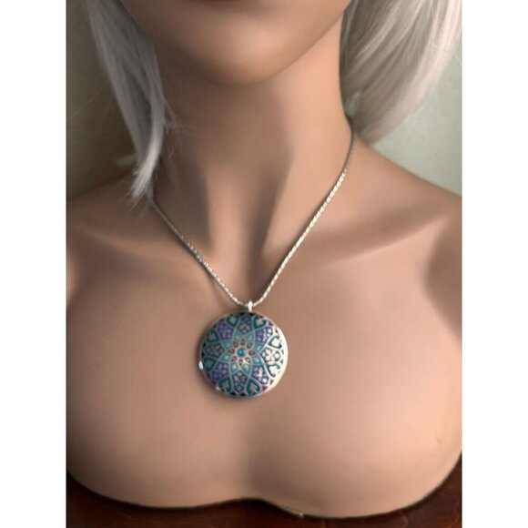 Brighton Reversible Retired Blue Burgundy Teal Medallion Silver tone Necklace - Picture 2 of 6